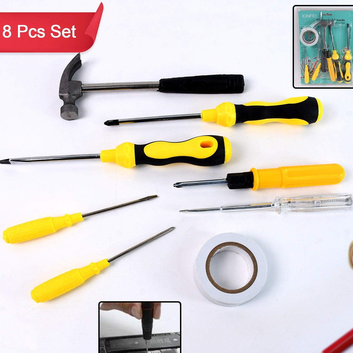 8 In 1 Hand Tool Kit Steel And Plastic Hammer Screwdriver Tape - Happy Price - Image 1