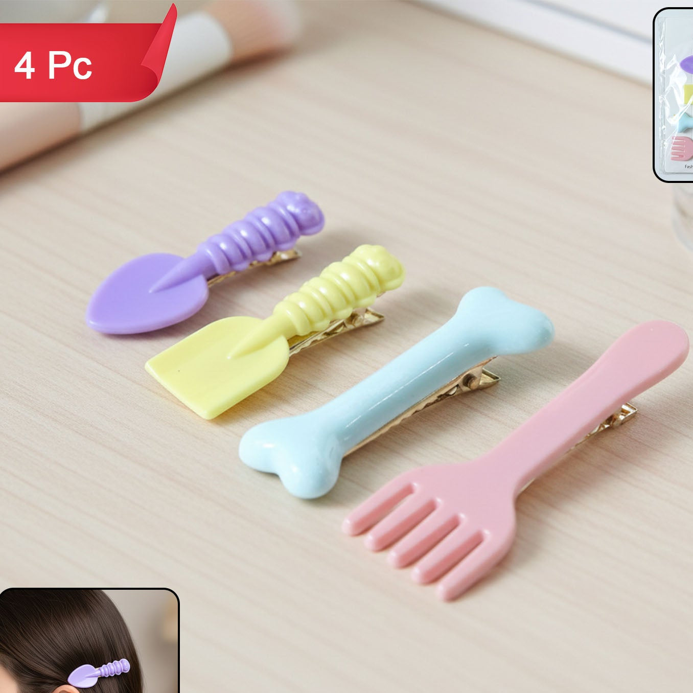 4 Pc Cute Cartoon Food Shape Hair Clips for Girls - Spoon, Fork, Bone, Candy Designs - Happy Price - Image 1