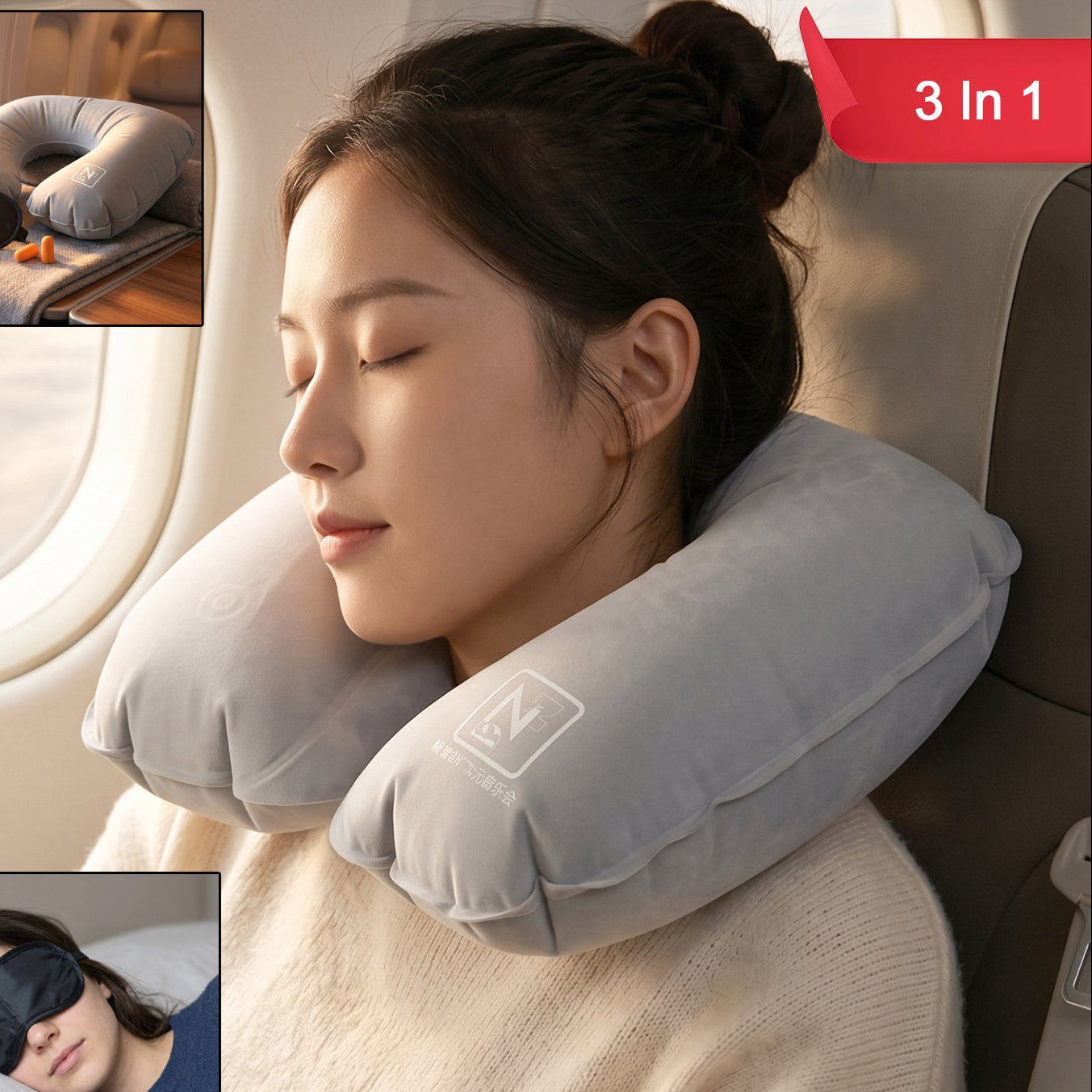 3 In 1 Travel Comfort Kit With Neck Pillow Eye Mask And Earplugs (1 Set)