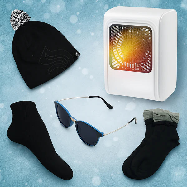 5 Piece Winter Warm Combo: Beanie Hat, Room Heater, Sunglasses & Socks