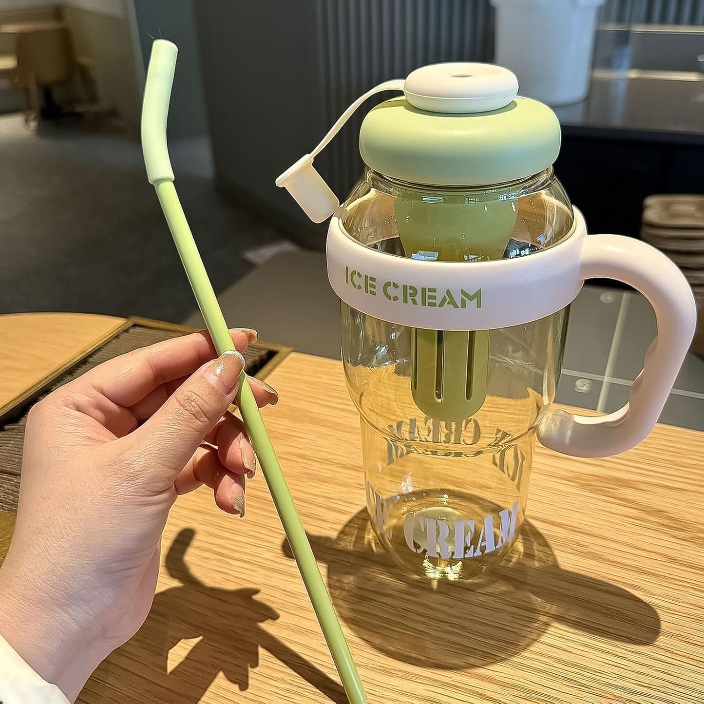 Approx 1300ml Large Capacity Cute Ice Cream Themed Water Bottle With Handle Straw Fruit Infuser Leakproof Sipper For Kids Adults - Happy Price - Image 4