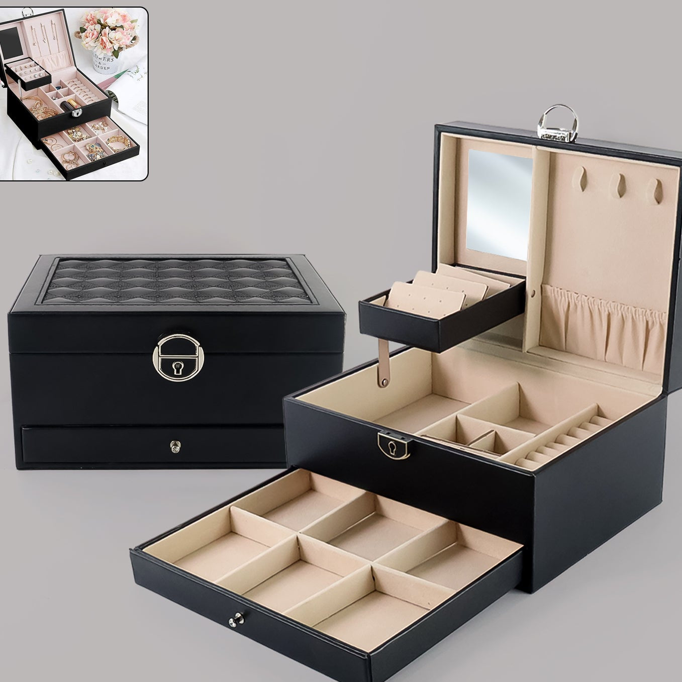 Multi-Layer Jewellery Organizer Box with Mirror & Lock - 1 Pc - Happy Price - Image 1