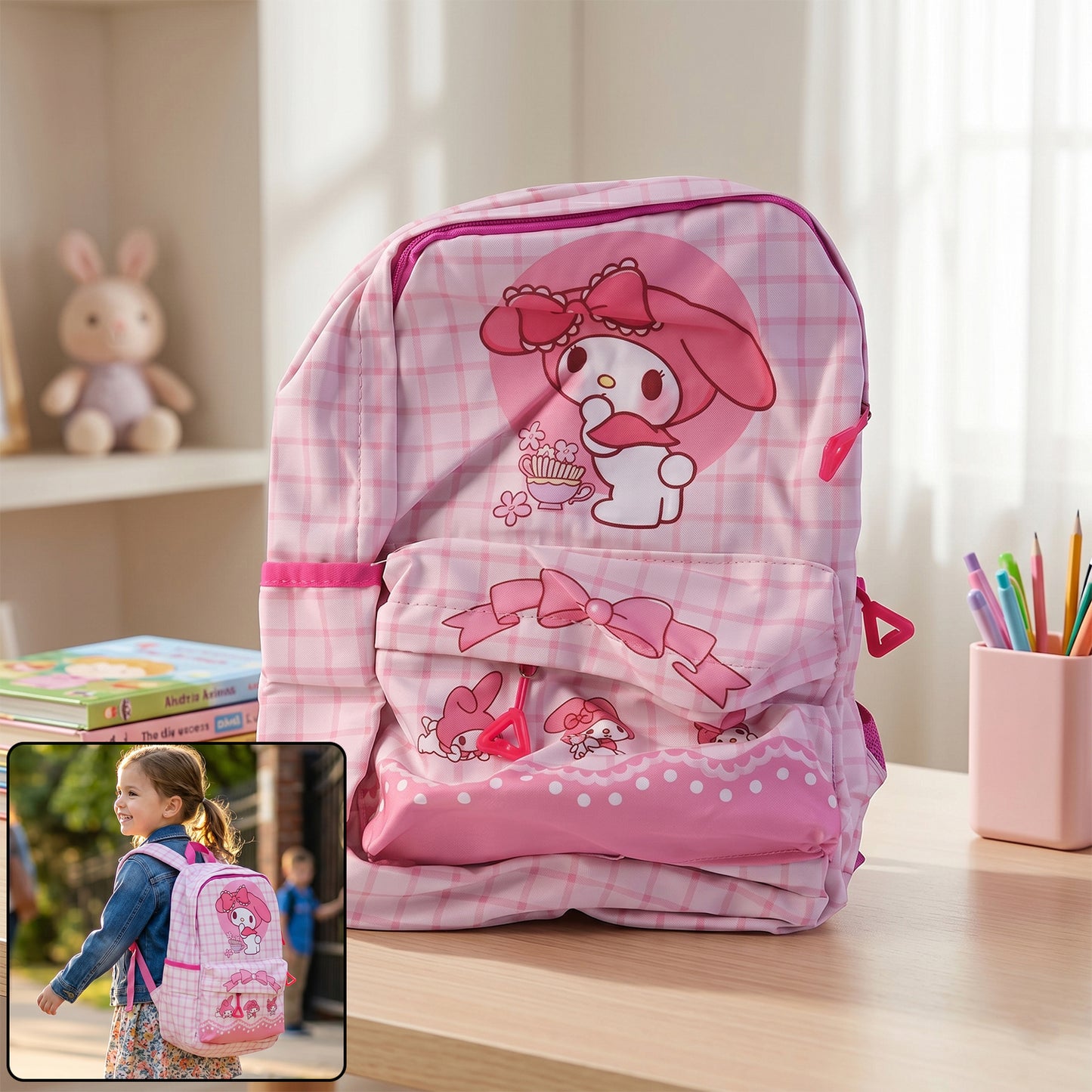 Cute Bunny & Bow Backpack - 13 Inch Kids School Bag (1 Pc) - Great Price - Image 2
