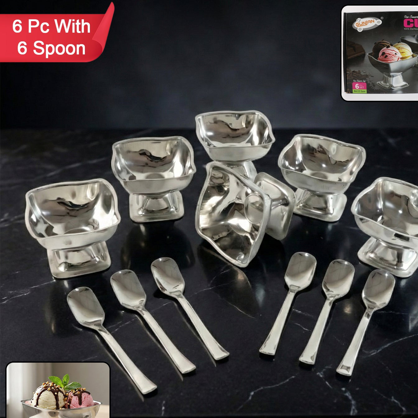 Stainless Steel Ice Cream Cups with Spoons Set - 6 Pc - Happy Price - Image 1