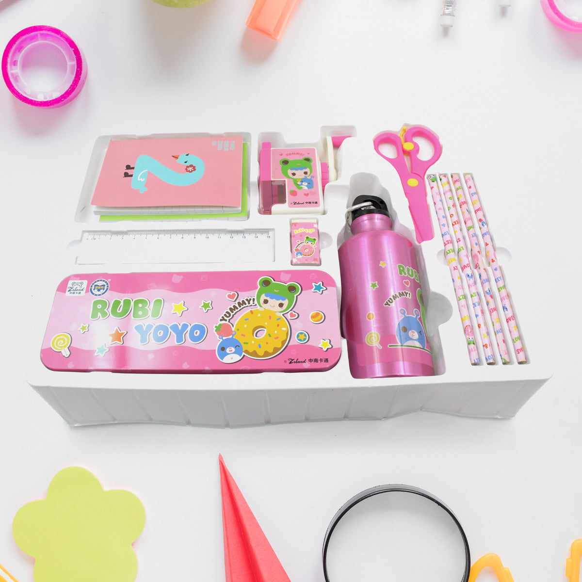 12 Pcs Stationery Kit 1 Pencil Box Compass Box 1 Eraser 1 Scissors 1 Ruler 4 Pencil 2 Diary 1 Bottle 1 Sharpener Stationary Set For Kids Birthday Return Gifts For Kids Stationary Gift Set (12 Pcs Set) - Happy Price - Image 2