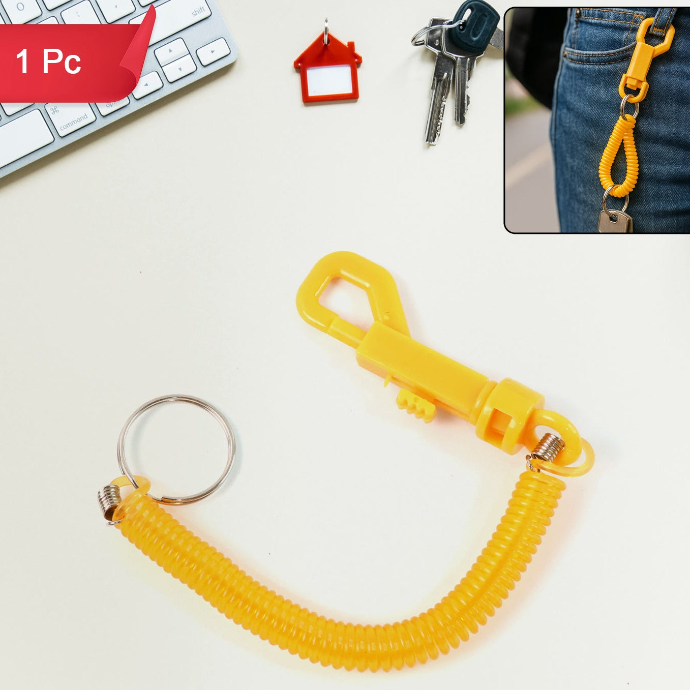Coiled Retractable Keychain with Carabiner Clip - 1 Pc - Happy Price - Image 1
