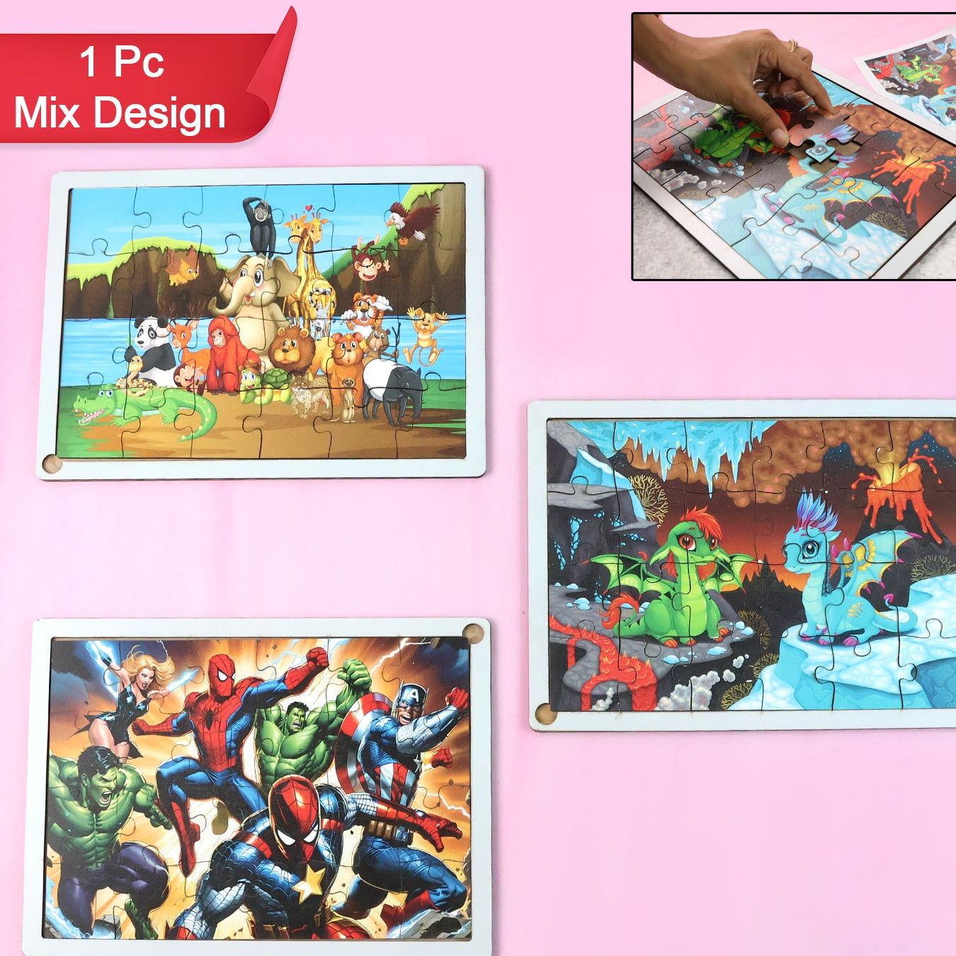 Wooden Jigsaw Puzzle Board for Kids - Assorted Cartoon & Animal Designs (1 Pc) - Happy Price - Image 1