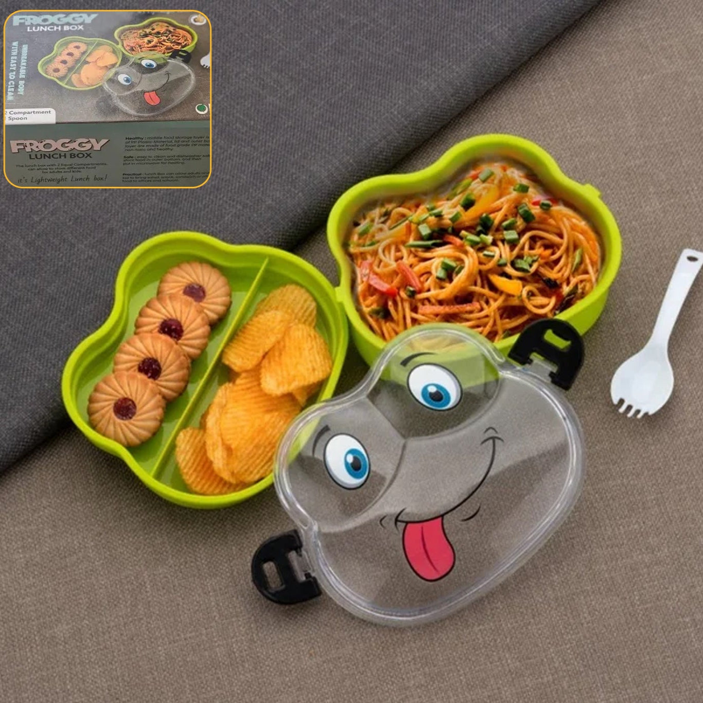 Double Layer Froggy Shape Lunch Box With Spoon (1 Pc Mix Color) - Happy Price - Image 1