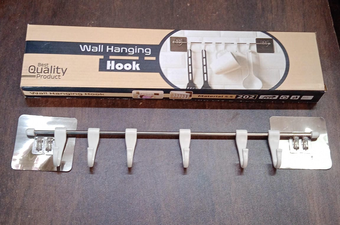 Stainless Steel Utensil Hanger Rail Nail Free Wall Mount With 2 Magic Stickers 6 Plastic Hooks For Kitchen - Happy Price - Image 7