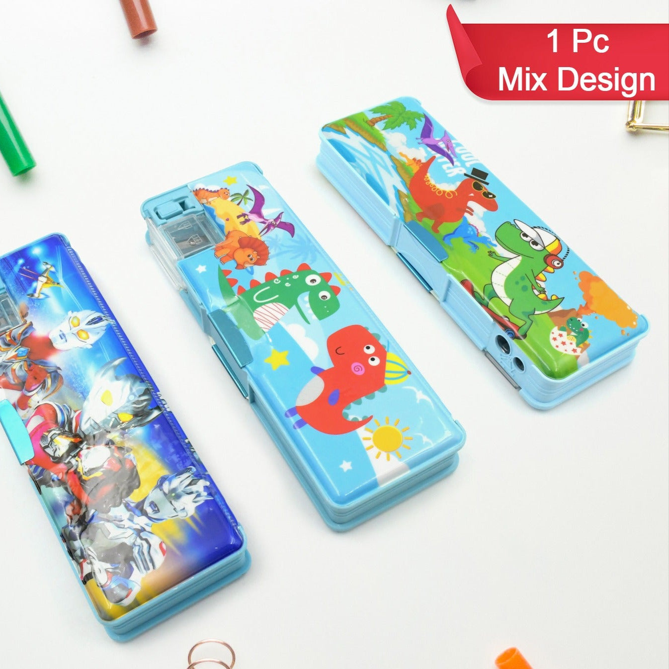 Multipurpose Compass Box Plastic Double Deck Pencil Case With 2 Compartments Supplies Utility Box Storage Organizer Pencil Box For School Cartoon Printed Pencil Case For Kids Birthday Gift For Girls Boys (1 Pc Mix Design) - Happy Price - Image 1