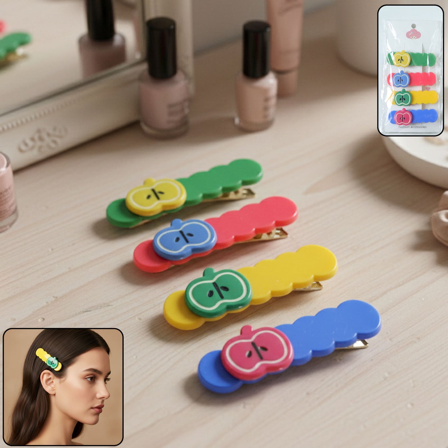 Cute Apple Design Hair Clips Set - 4 Pieces for Girls - Happy Price - Image 2