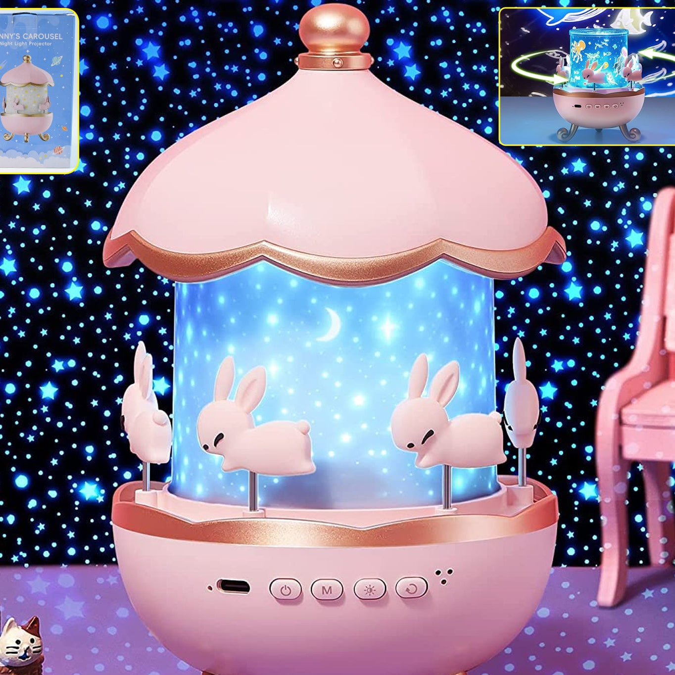 Rotating Bunny Carousel LED Star Projector Lamp with Music - Rechargeable Night Light for Kids - Happy Price - Image 1