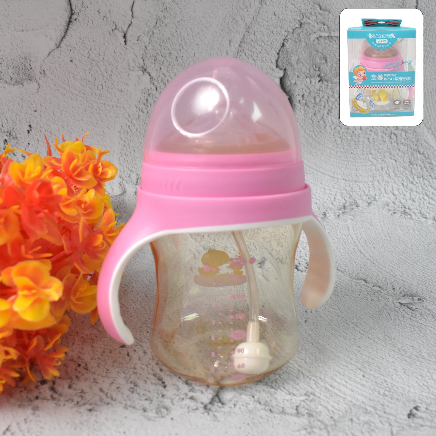 Plastic Baby Feeding Bottle With Handles Cleaning Brush Straw (240 Ml 1 Pc) - Happy Price - Image 2
