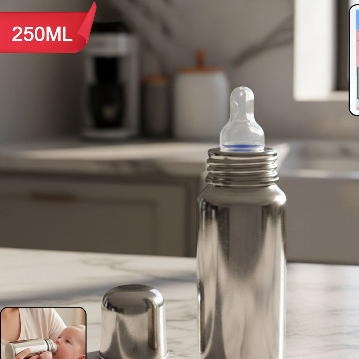 Stainless Steel Baby Feeding Bottle 250 ML with Silicone Nipple - Happy Price - Image 1