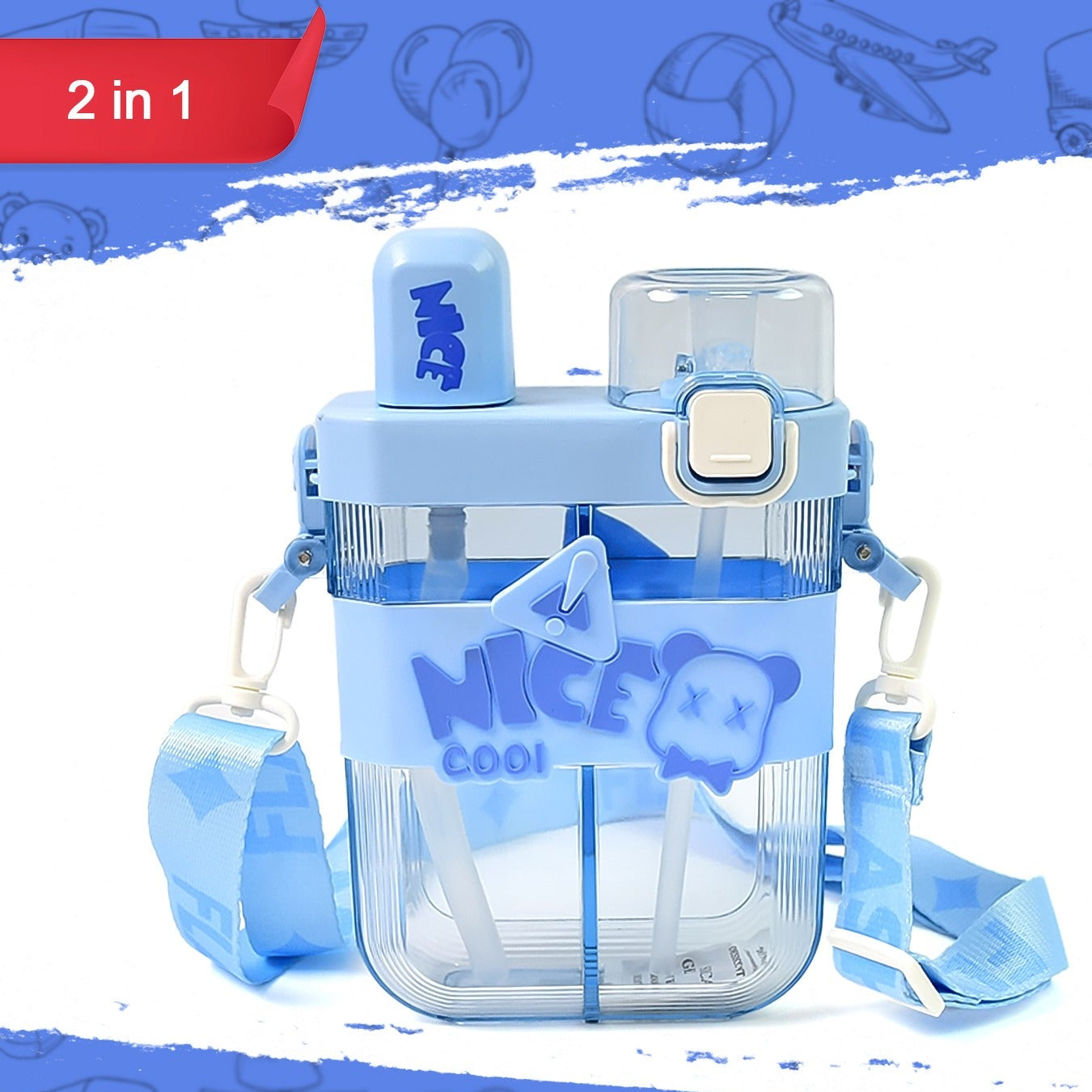 2in1 Dual Compartment Water Bottle With Straw And Adjustable Shoulder Straps (1 Pc Multi Color) - Happy Price - Image 1