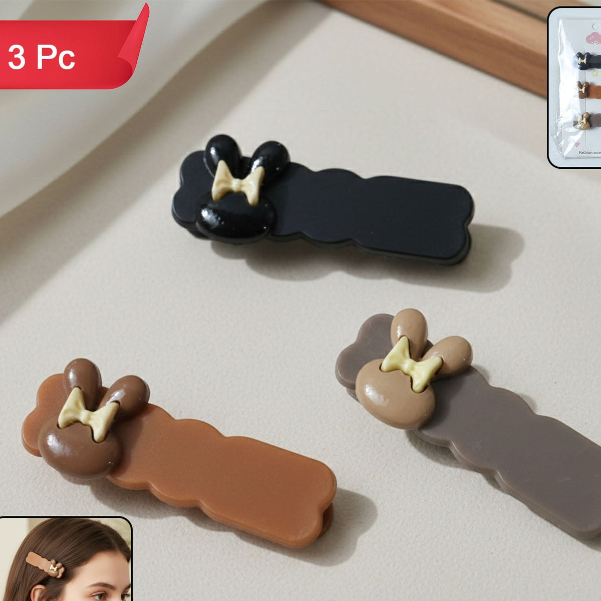Cute Character Bow Hair Clip Set for Girls - Pack of 3 - Happy Price - Image 1