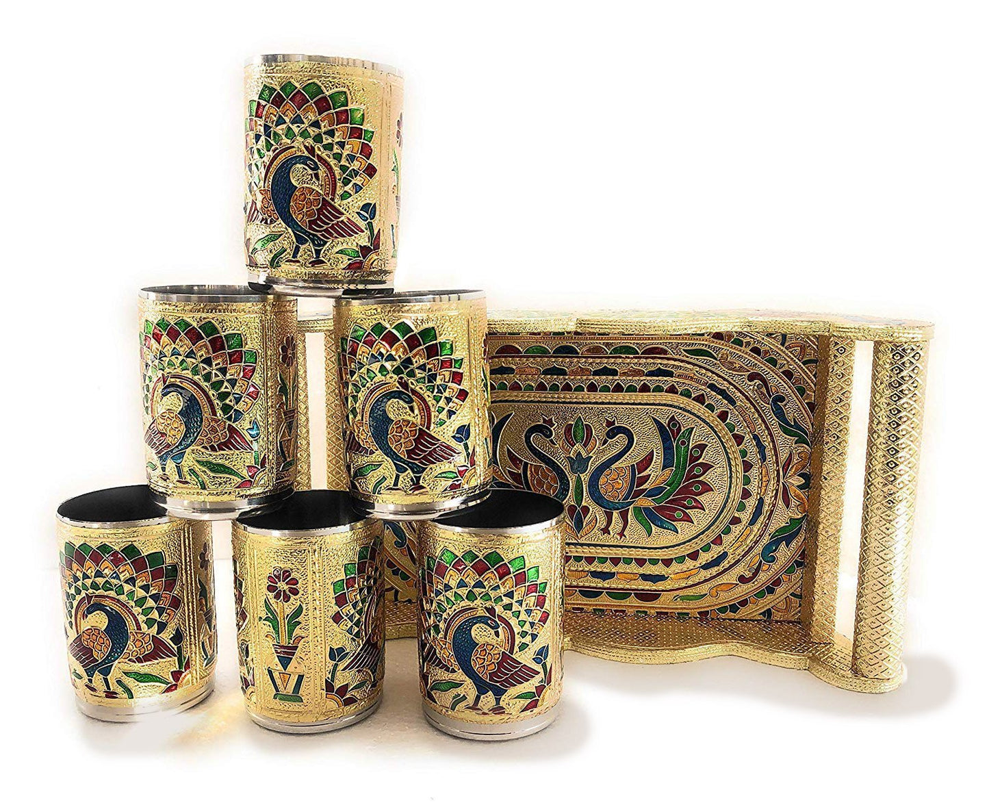 Peacock Design Glass With Handle And Handicraft Serving Tray Set - Happy Price - Image 3