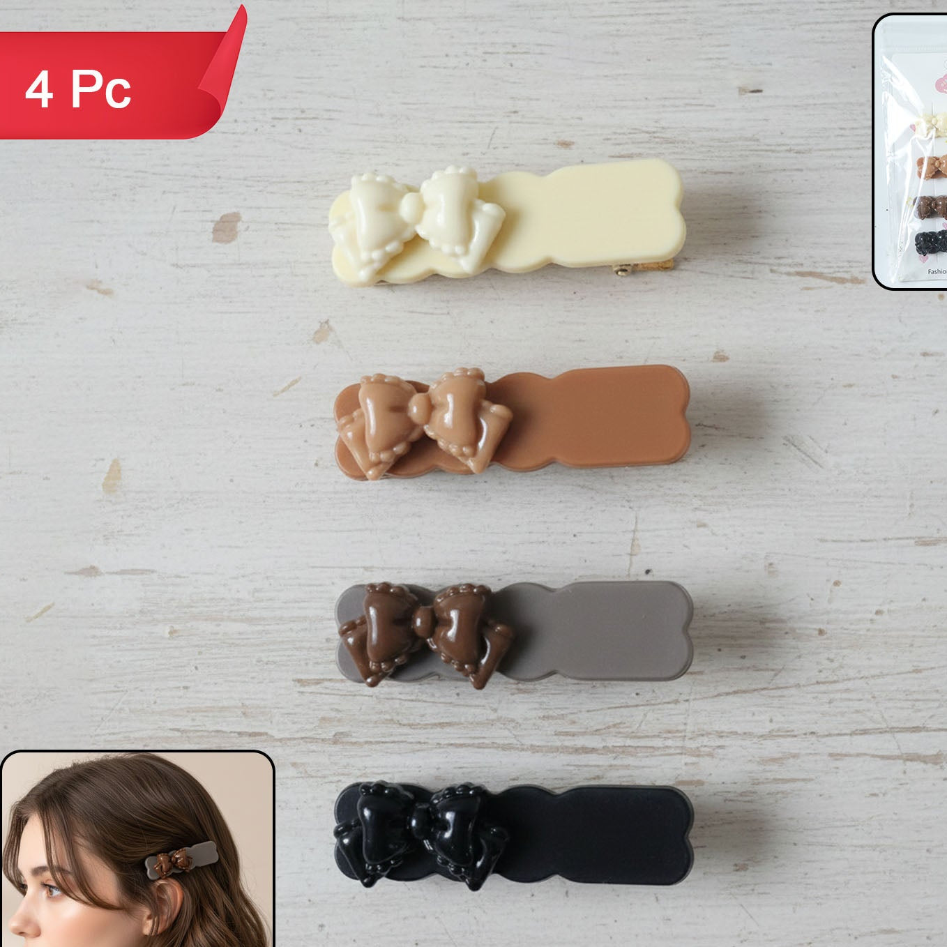 4 Piece Bow Design Hair Clips Set for Women & Girls - Happy Price - Image 1