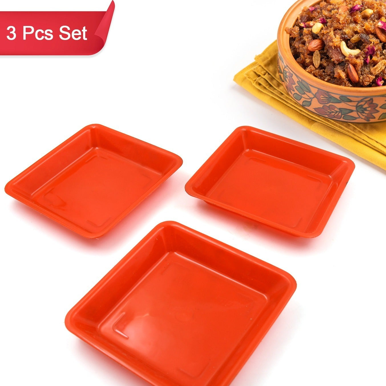 Square Plastic Halwa Dinner Plate Snacks Breakfast Restaurant Serving Trays Home School Coffee Hotel Kitchen Office (3 Pcs Set) - Happy Price - Image 1