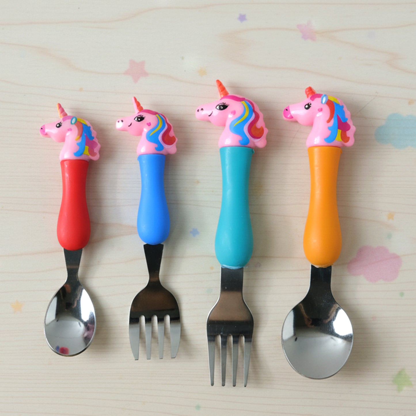 Unicorn Theme Kids Spoon Fork Set - 4 Pc Stainless Steel Cutlery with Plastic Handle - Great Price - Image 3