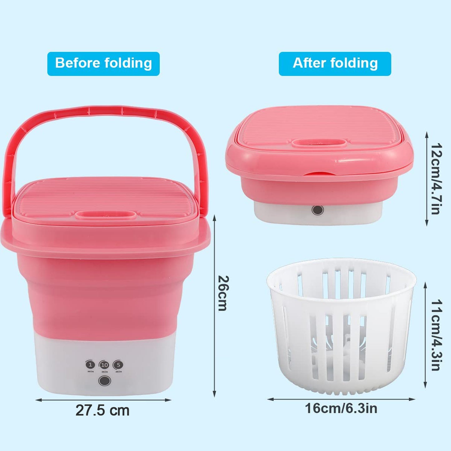 Foldable Electric Mini Washing Machine Bucket - Portable, USB Powered, 3 Timer Settings (1 Pc) - Happy Price - Image 5