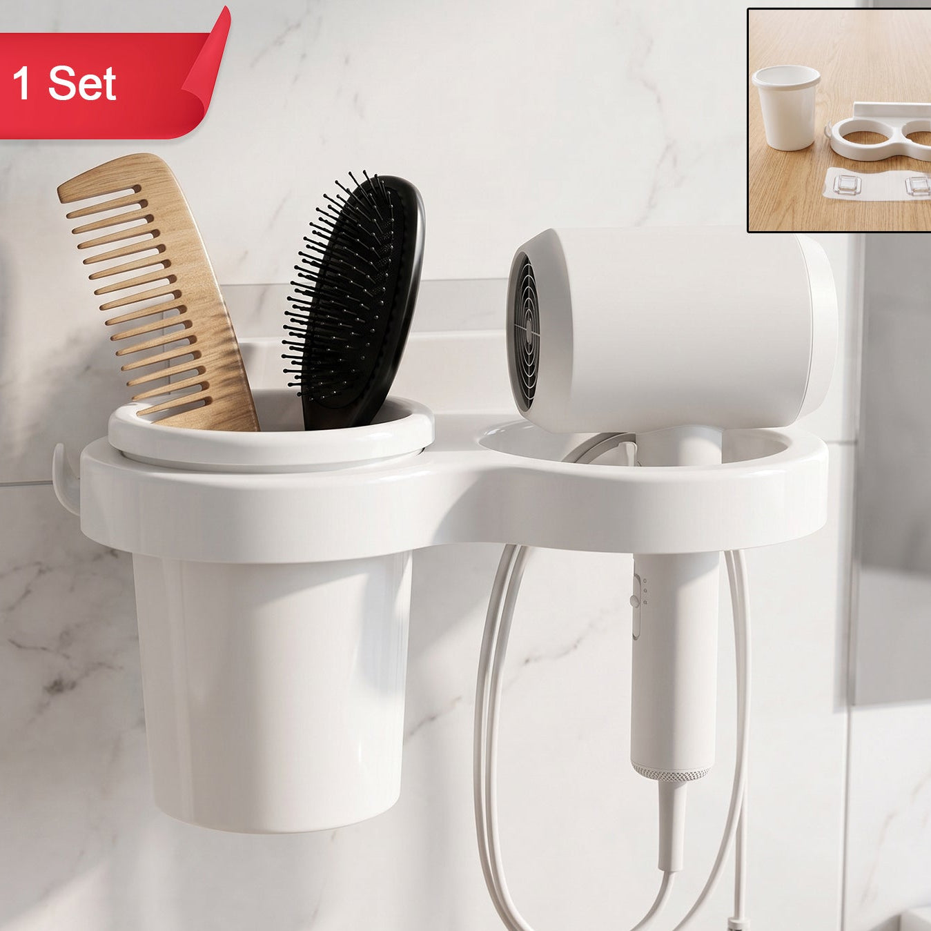 Wall Mount Bathroom Organizer Set with Toothbrush Holder & Hair Dryer Stand - Great Price - Image 1