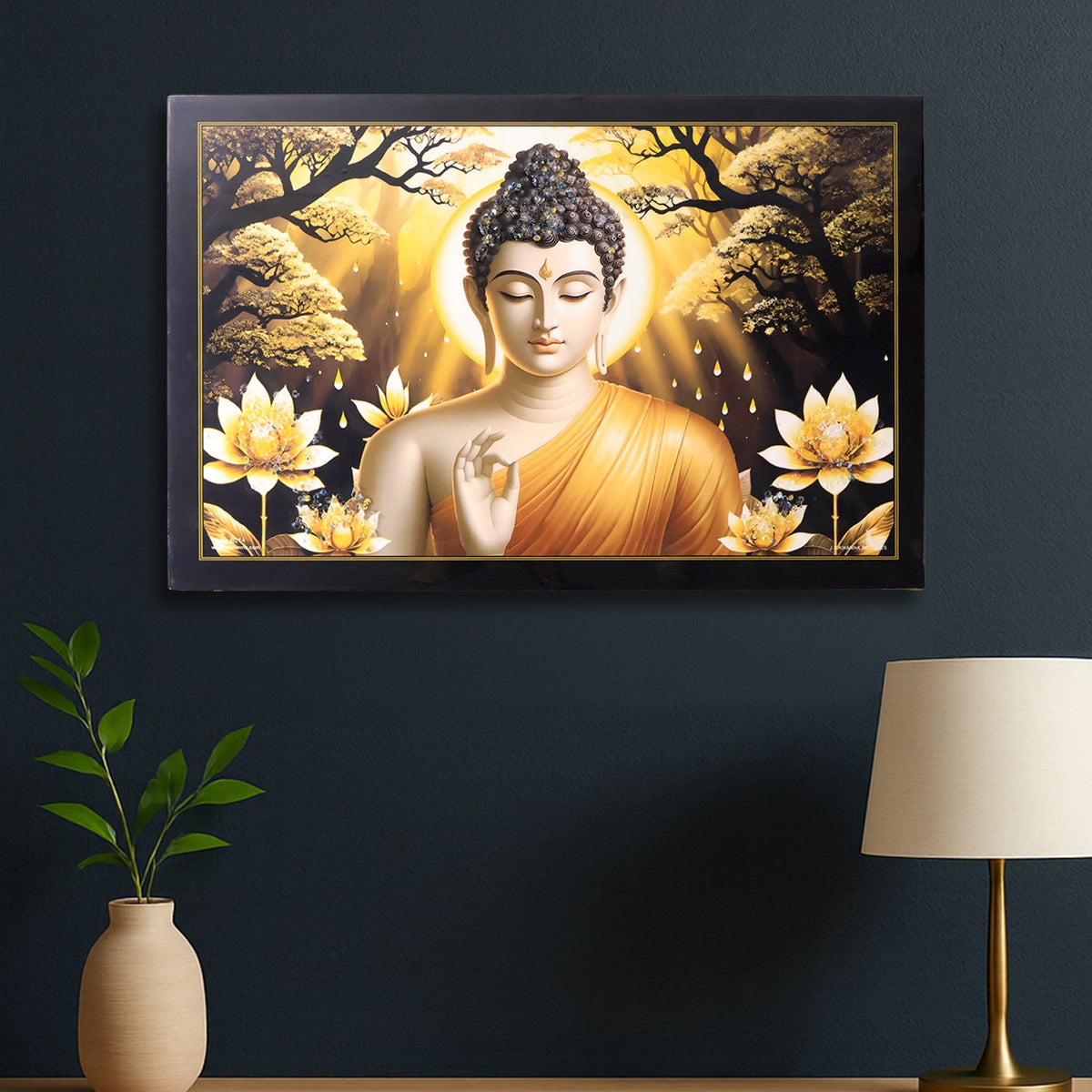 Lord Buddha Wooden Framed Wall Art - 45x30 Cm (1 Pc) - Happy Price - Image 1