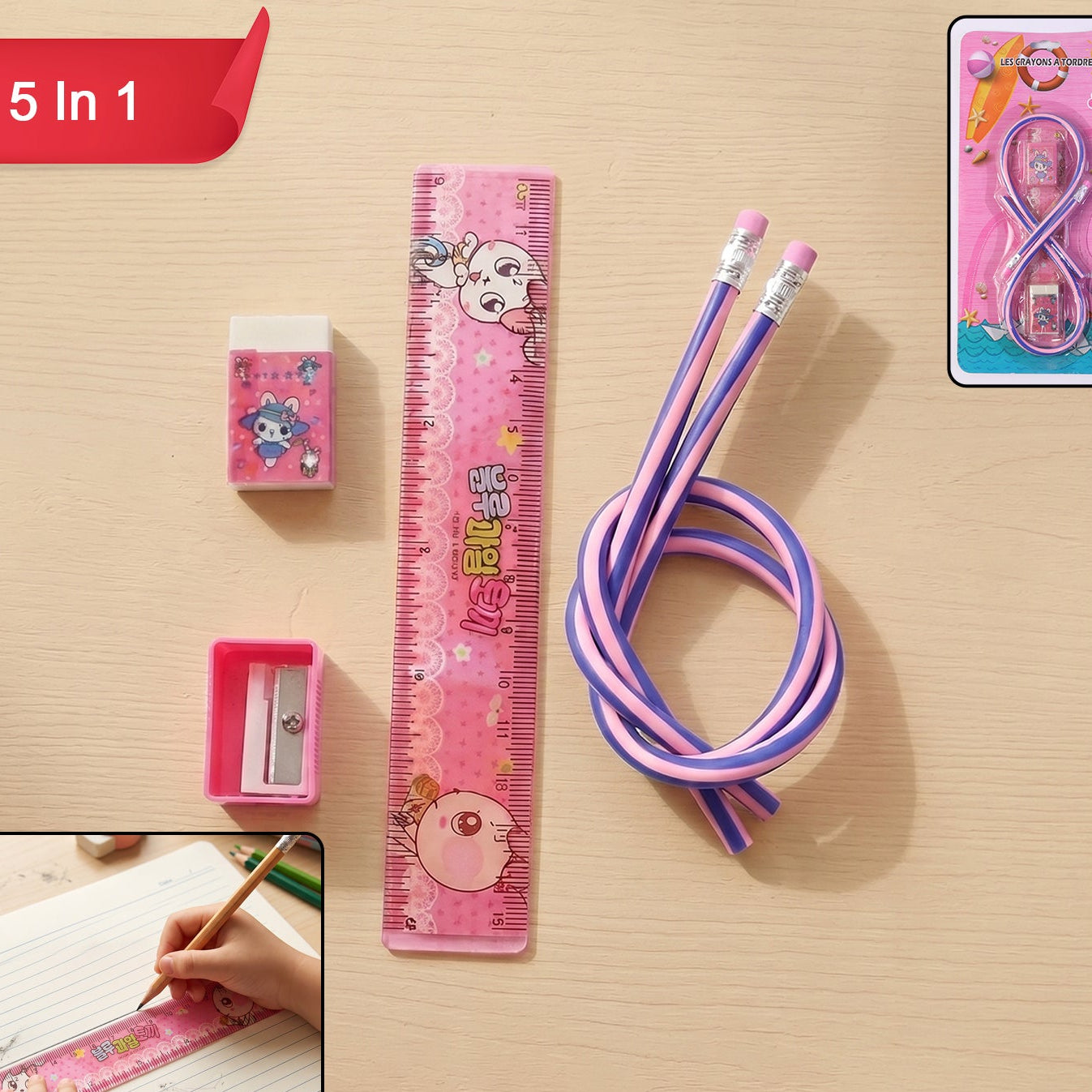 5-in-1 Kids School Stationery Kit with Flexible Pencils & Cartoon Prints - Happy Price - Image 1
