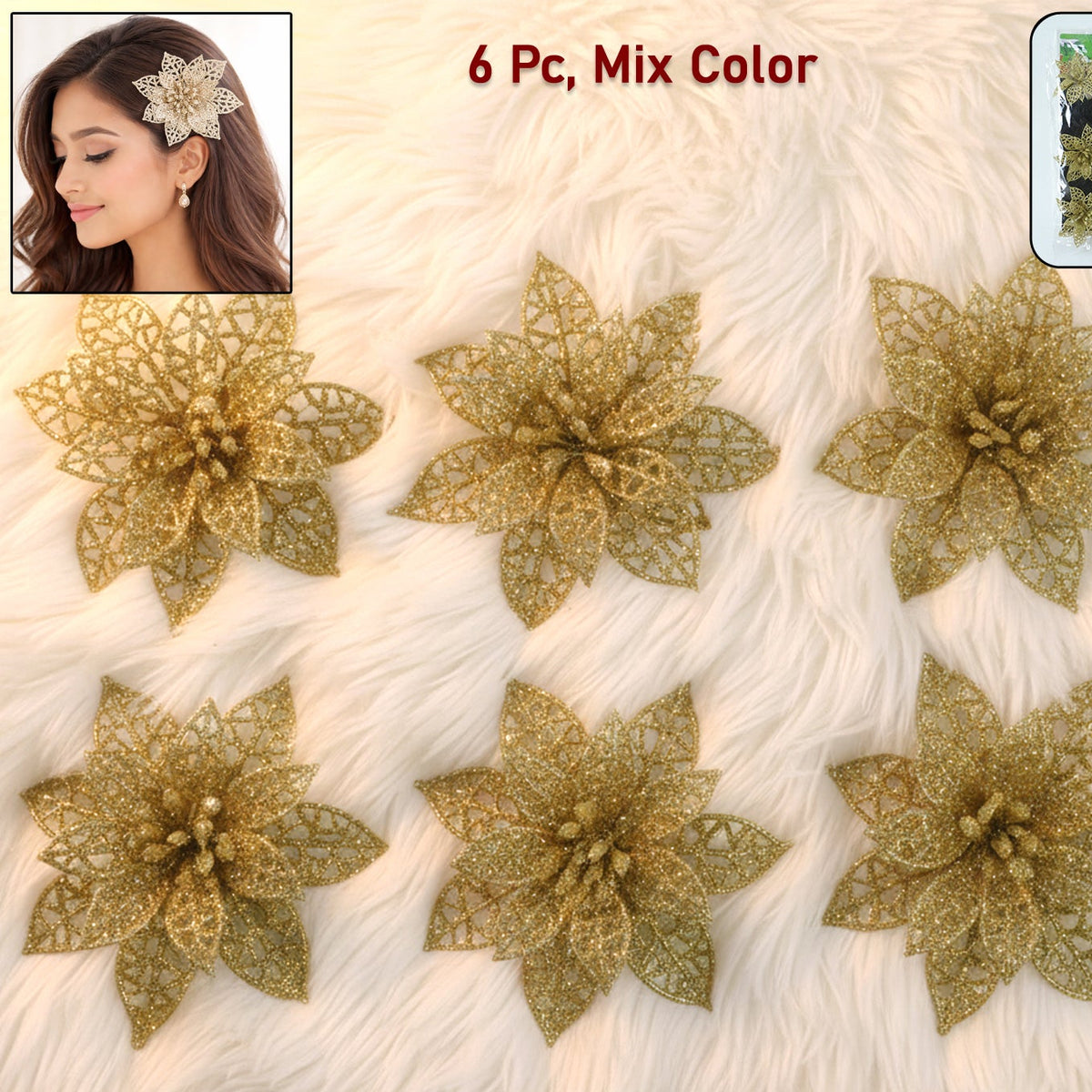 Glitter Flower Hair Clips - 6 Pc Mix Color Set for Women & Girls - Happy Price - Image 1