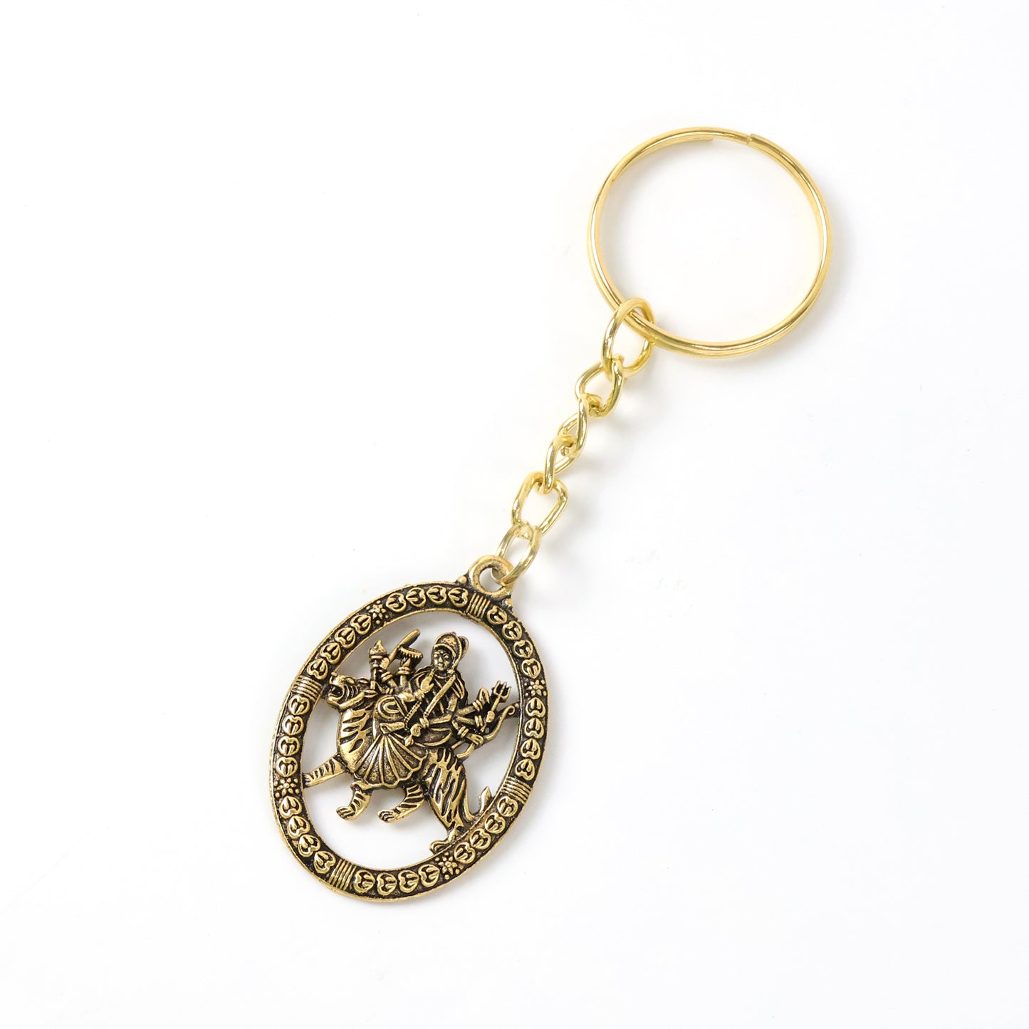 Maa Durga Oval Frame Golden Metal Keychain (1 Pc) - Happy Price - Image 2