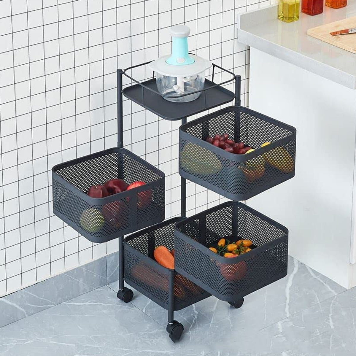 Metal High Qaulity Kitchen Trolley Kitchen Organizer Items And Kitchen Accessories Items For Kitchen Rack Square Design For Fruits Vegetable Onion Storage Kitchen Trolley With Wheels (4 Layer 3 Layer) - Happy Price - Image 3