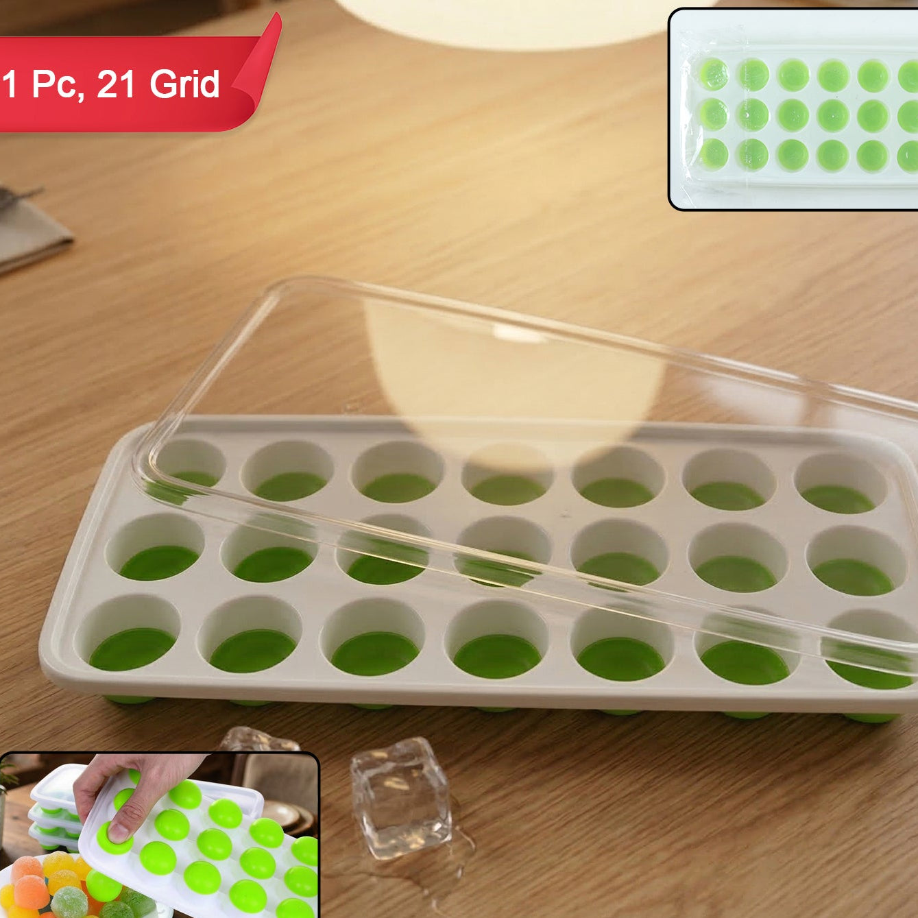 21 Grid Plastic Round Pop Ice Cube Tray With Lid (1 Pc)