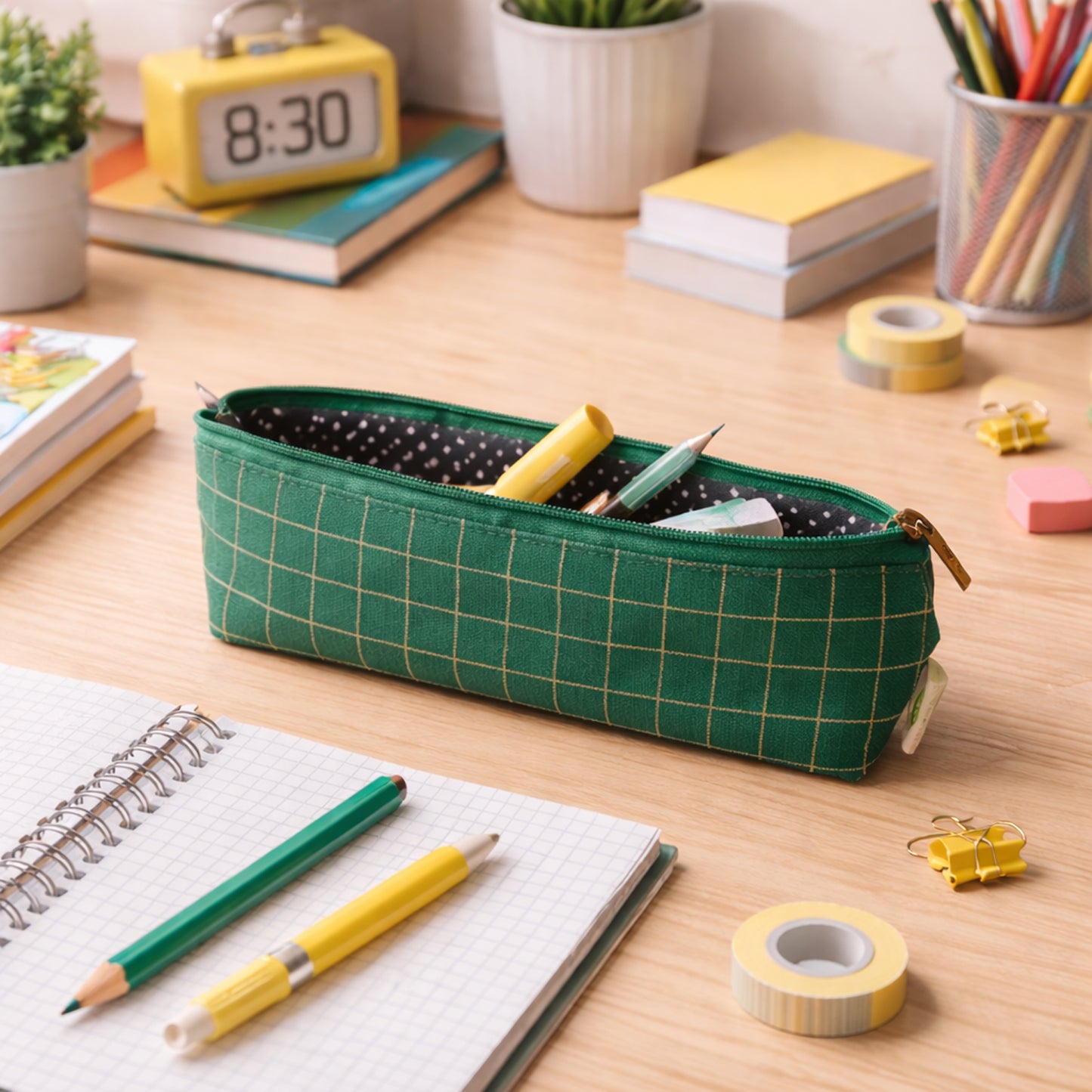 Green Grid Print Zippered Pouch Organizer - 1 Pc Stationery Bag - Great Price - Image 2