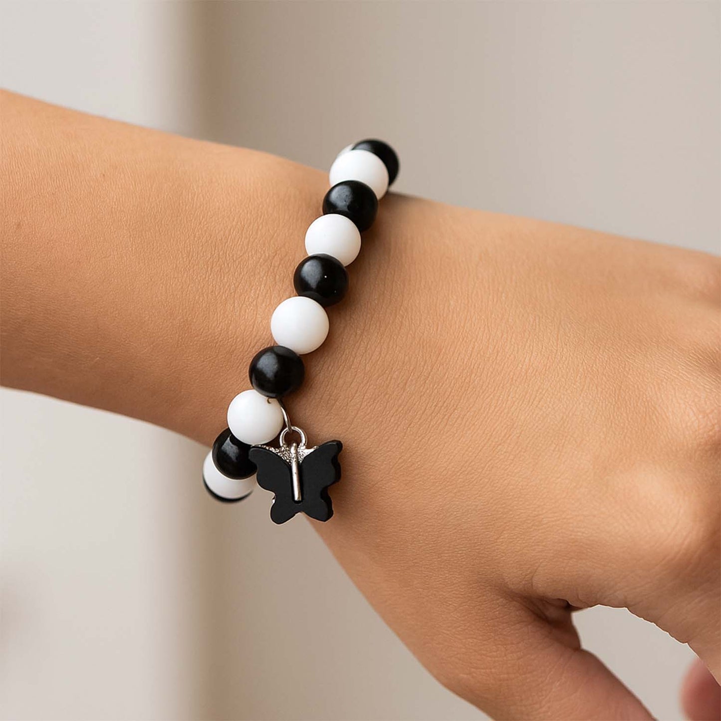 Black and White Beaded Bracelet with Cross Pendant (1 Pc) - Happy Price - Image 3