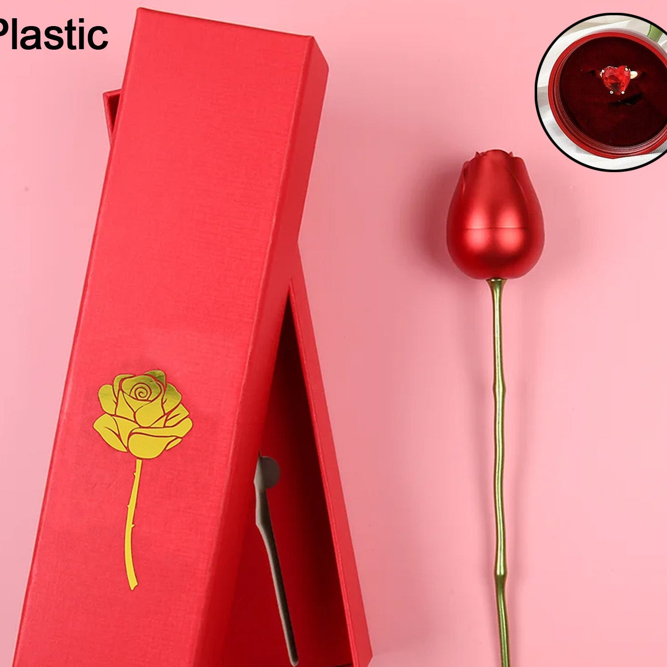 Plastic Red Rose Couple Rings Box-fancy Rings Box (No Rings Included 1 Pc) - Happy Price - Image 1
