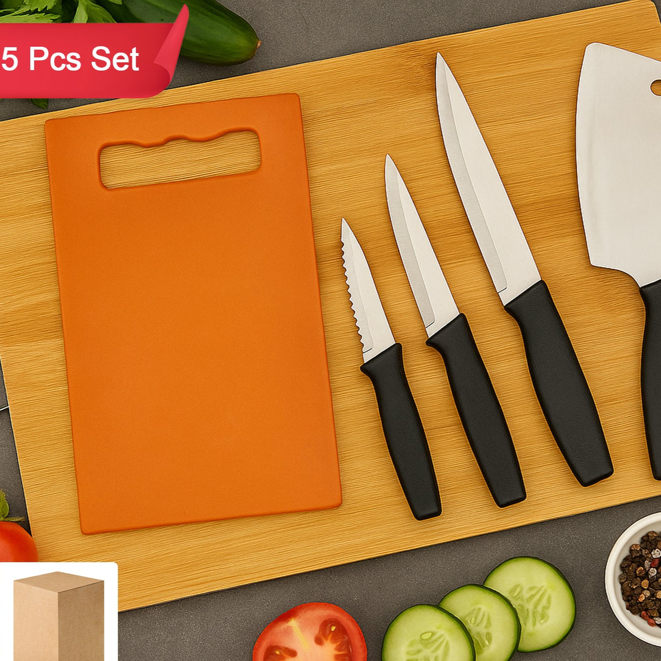 Chopping Board With Knife Set (Pack Of 5) - Happy Price - Image 1