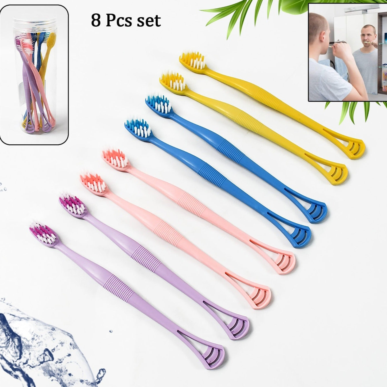 2-in-1 Tooth Brush With Tongue Scraper Soft Bristle Long Handle (8pcs) Soft Toothbrush - Happy Price - Image 2