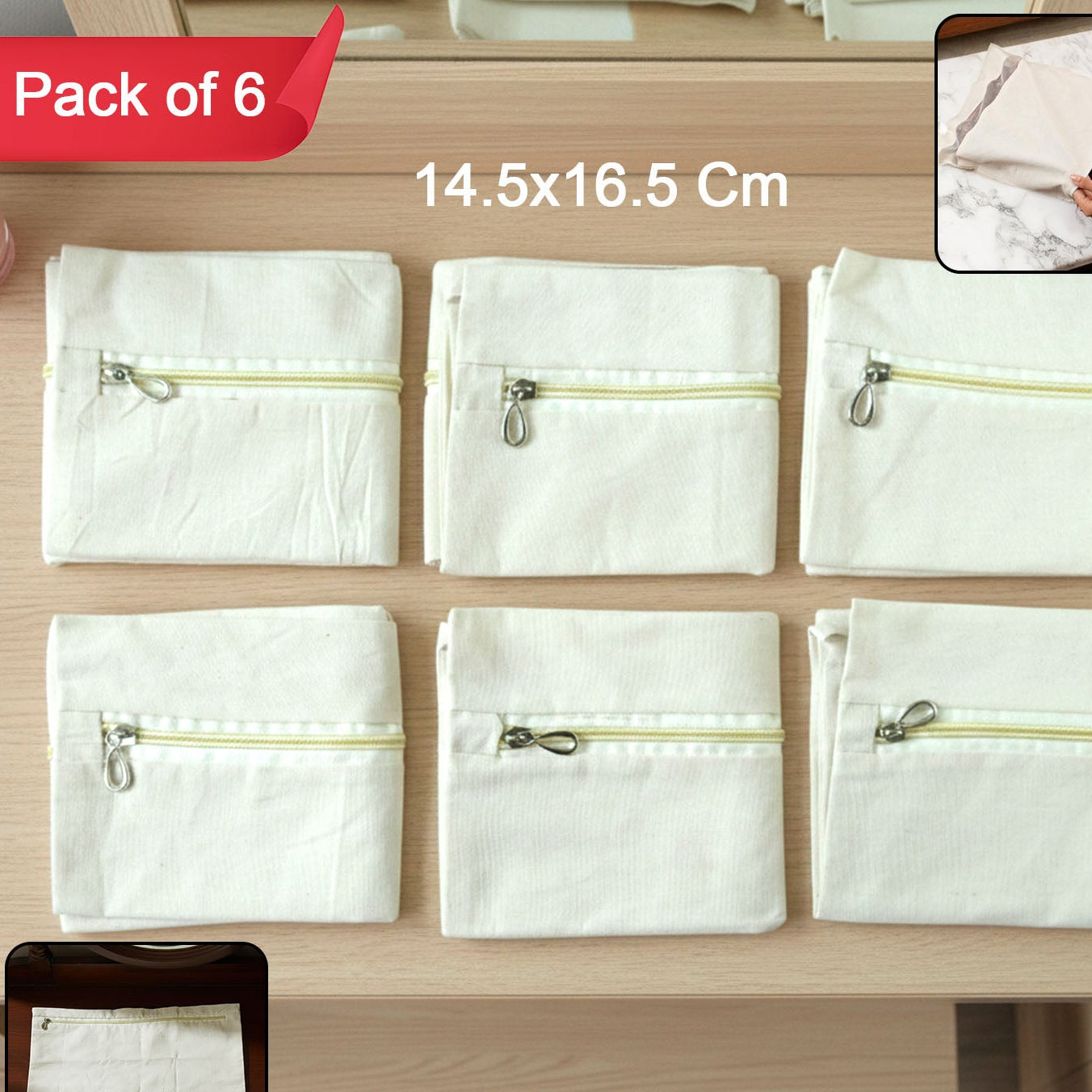Pack of 6 Zippered Fabric Pouches - 14.5x16.5 cm Storage Bags - Happy Price - Image 1
