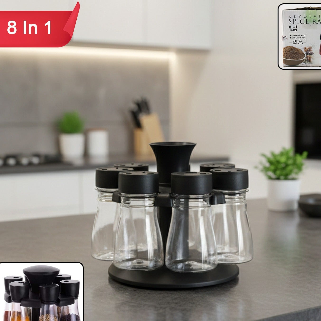 8 Jar Revolving Spice Rack Organizer with Rotating Stand for Kitchen - Happy Price - Image 1