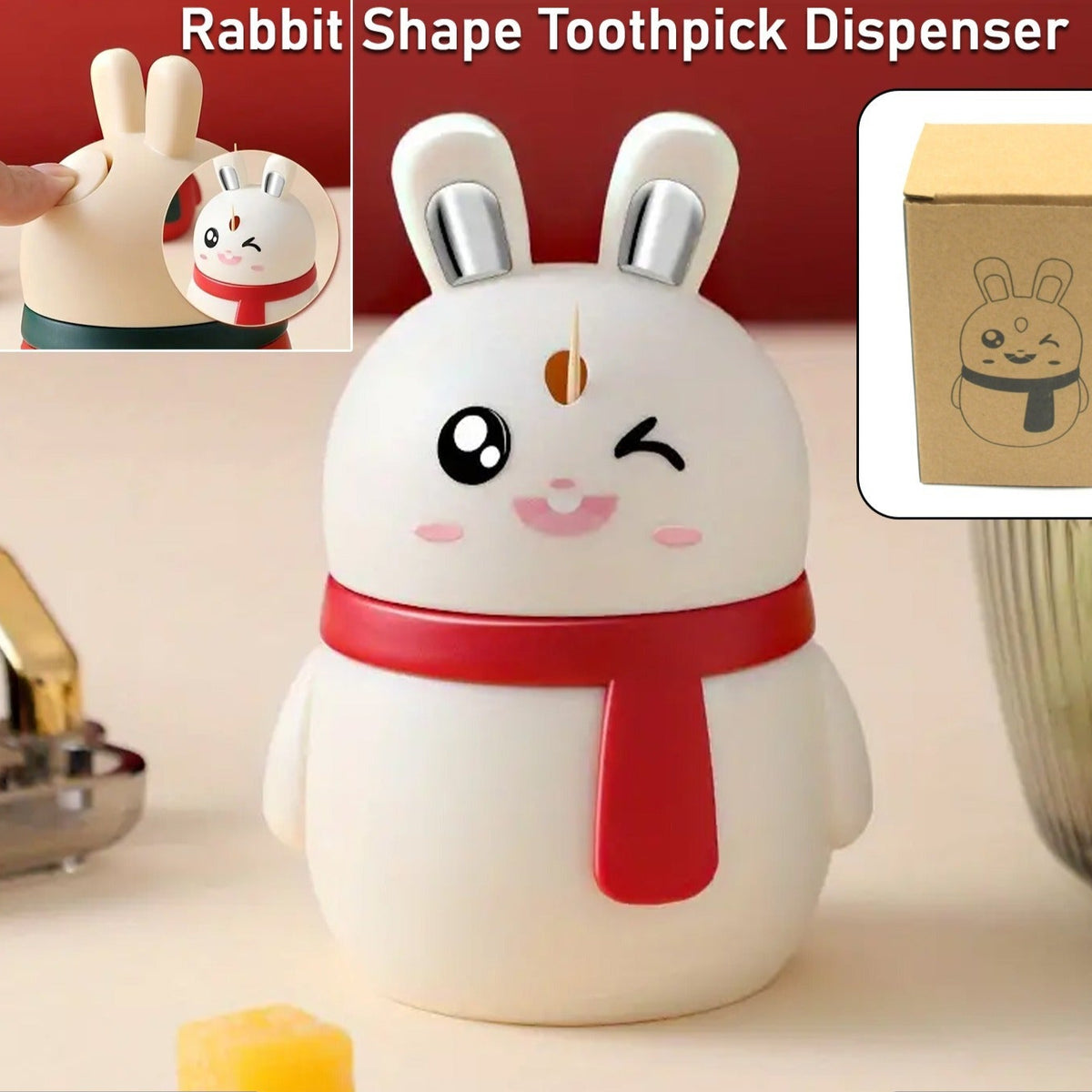 Rabbit Shape Toothpick Dispenser Pressing Small Size Accessory Durable Red Home Garden Kitchen Dining Bar Kitchen Storage Organization Racks Holders Dining Room Table Decoration (1 Pc ) - Happy Price - Image 1