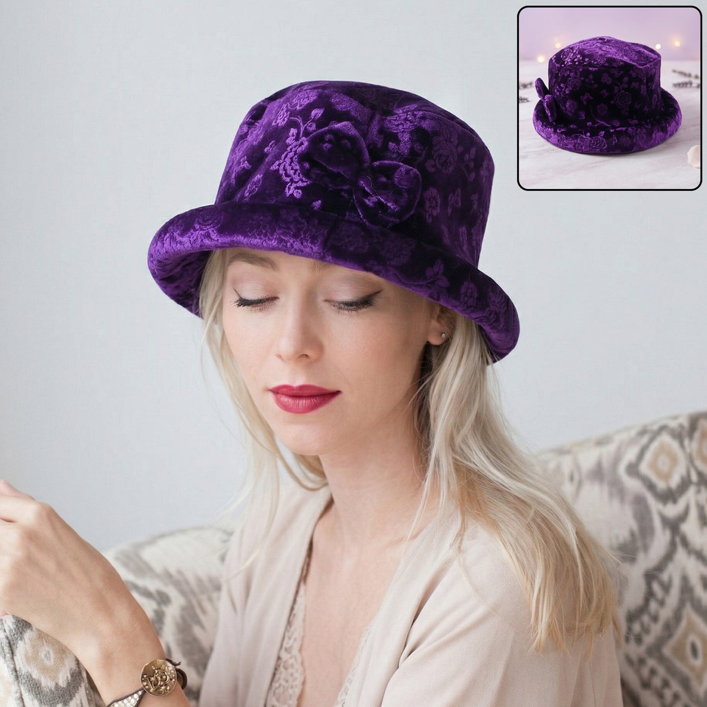 Women's Velvet Floral Bucket Hat (1 Pc) - Stylish Winter Cap - Great Price - Image 2