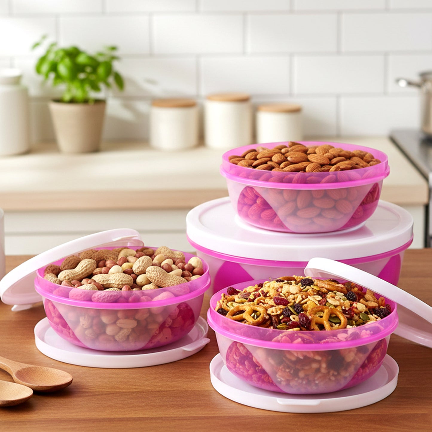 Apple Set of 3 Plastic Food Storage Containers with Lids - Pink & White - Happy Price - Image 3