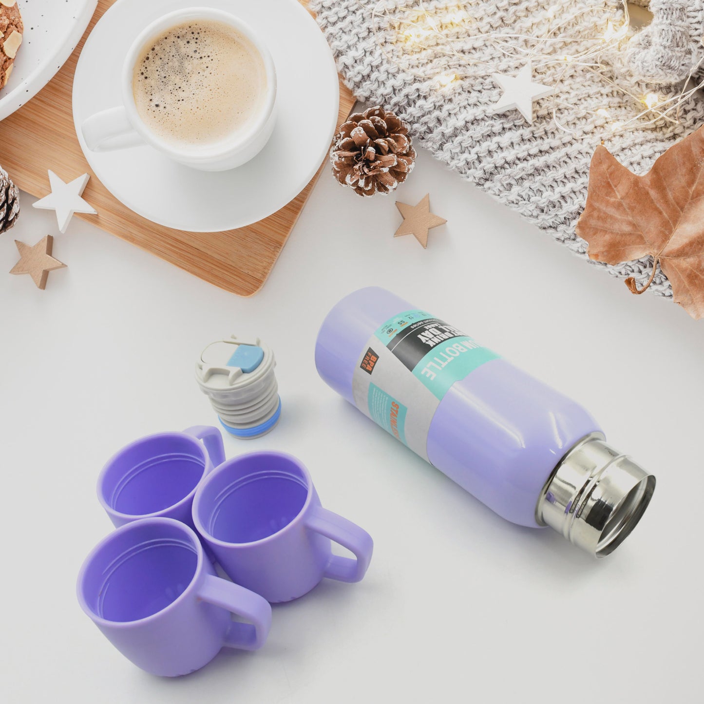 Vacuum Flask Set Stainless Steel Thermos With 3 Cup Creative Gift Set With Cover Handle Portable Car Water Bottle Set (Approx 500ml) - Happy Price - Image 3
