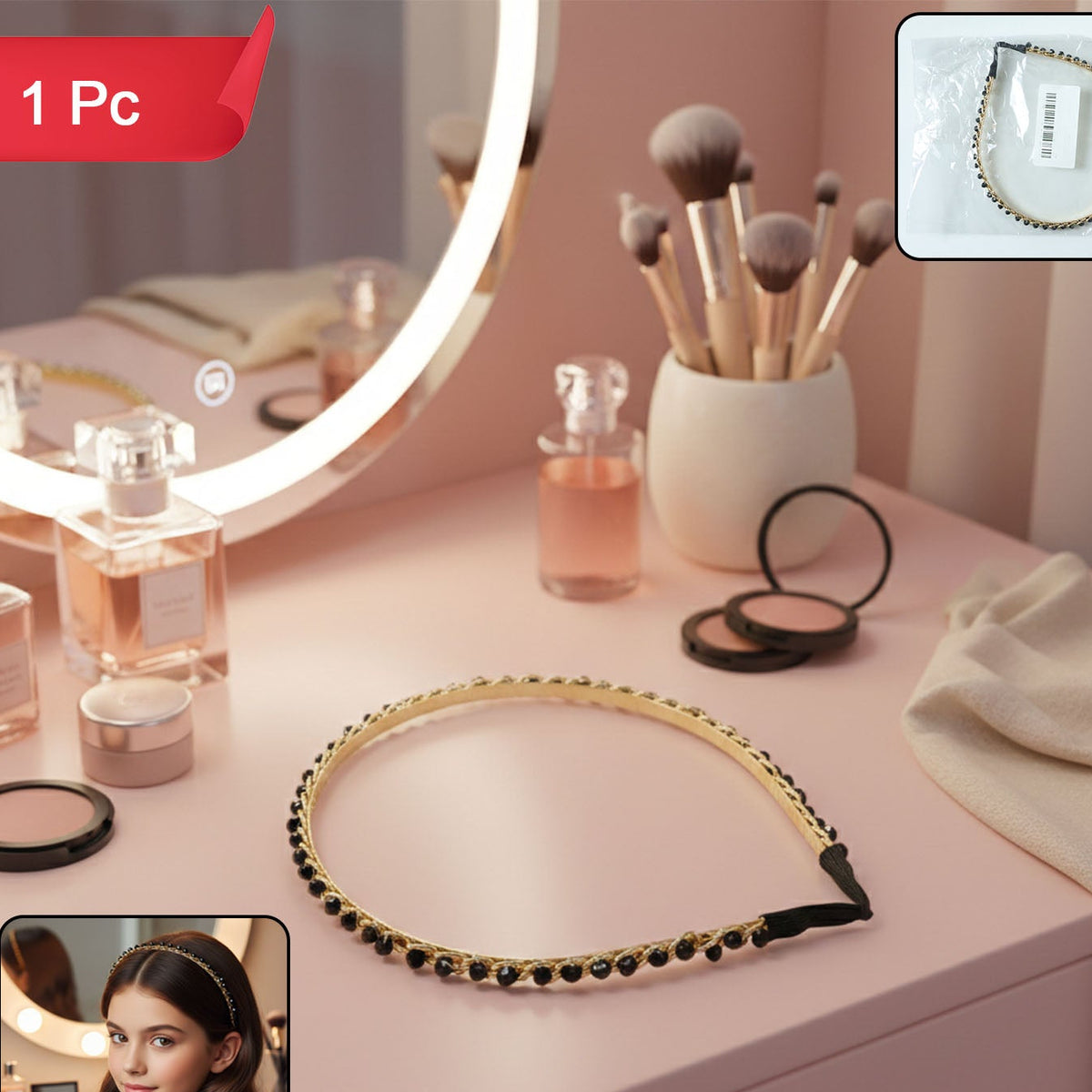 Gold Finish Beaded Hair Band (1 Pc) - Stylish Metal Headband for Women - Happy Price - Image 1