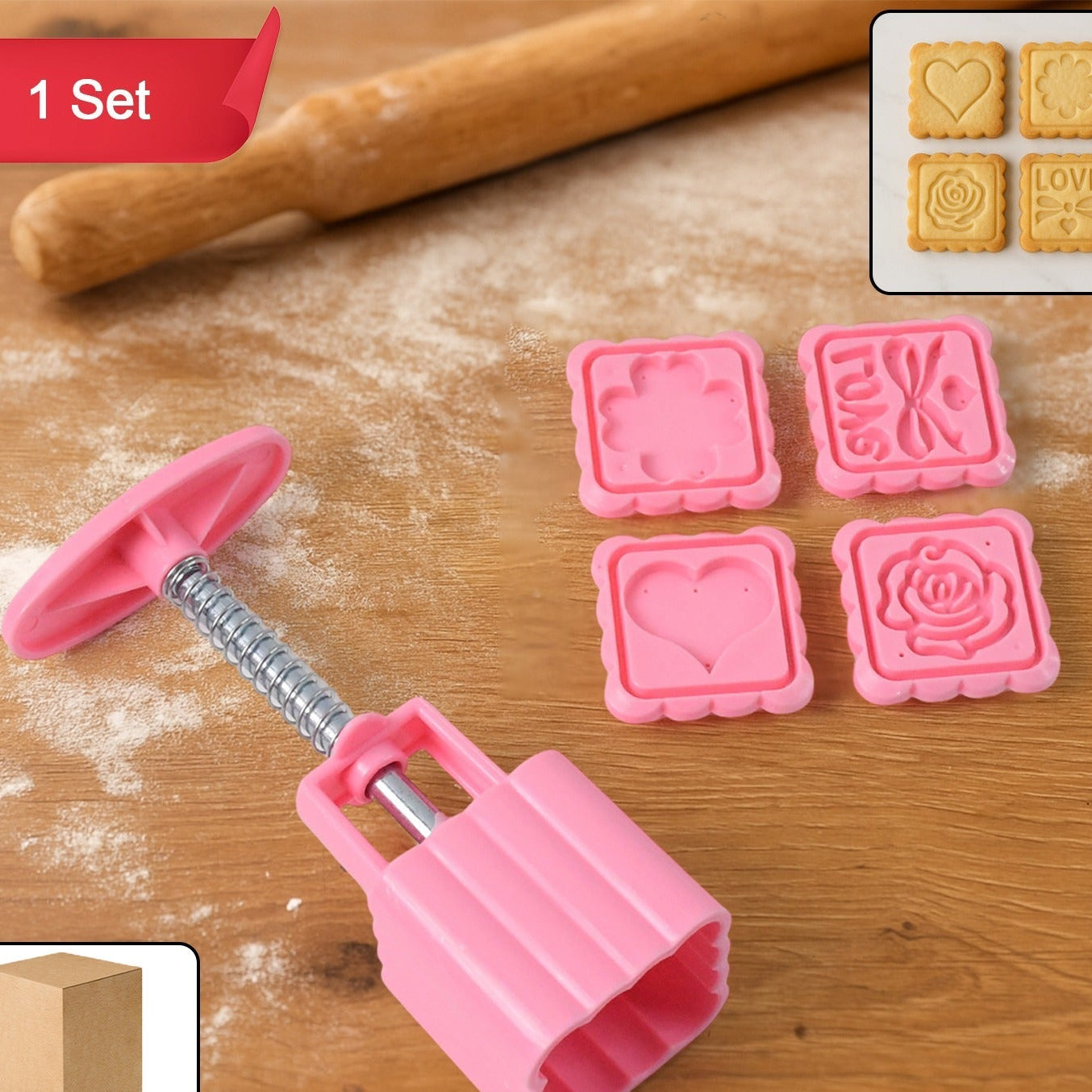 Cookie Biscuit Stamp Mold Set with Press Handle & 4 Decorative Designs - Happy Price - Image 1