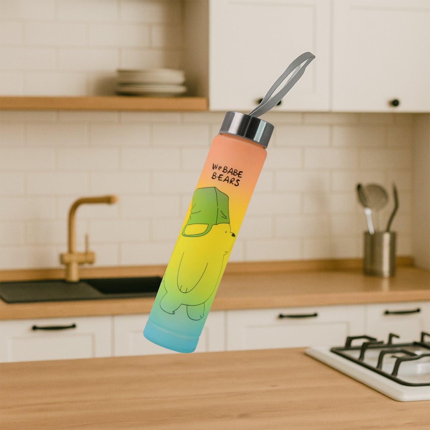 300 ML Cartoon Print Plastic Water Bottle with Leakproof Steel Cap & Strap - Happy Price - Image 5