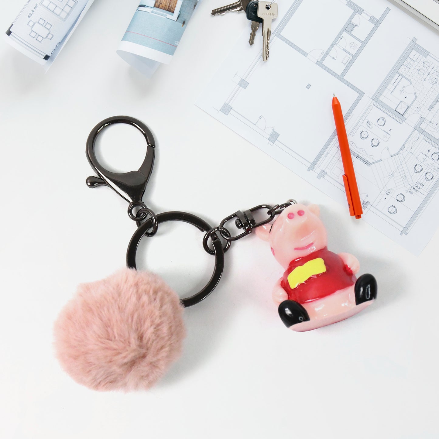 Cute Cartoon Keychain With Fluffy Pom (1 Pc Mix Design) - Happy Price - Image 2