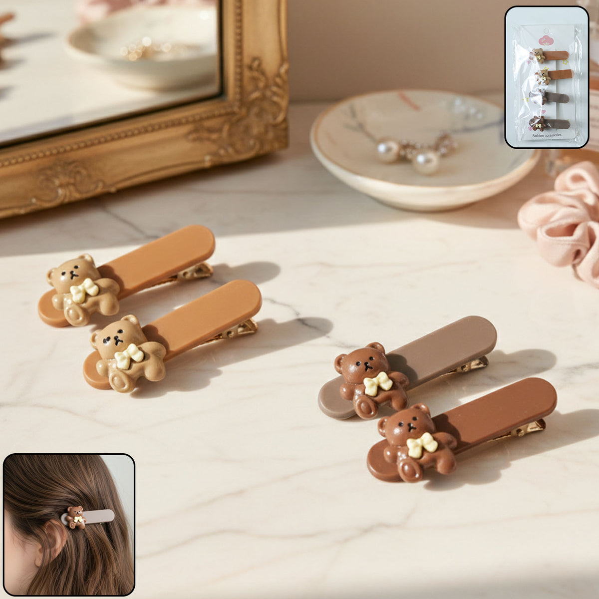 Cute Teddy Bear Snap Hair Clips - 4 Pc Set - Happy Price - Image 2