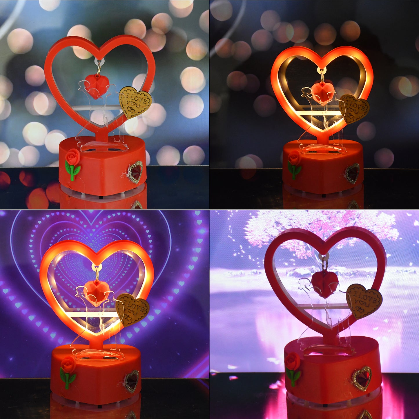 Romantic Heart LED Light Showpiece with Hanging Hearts & Rose - 1 Pc