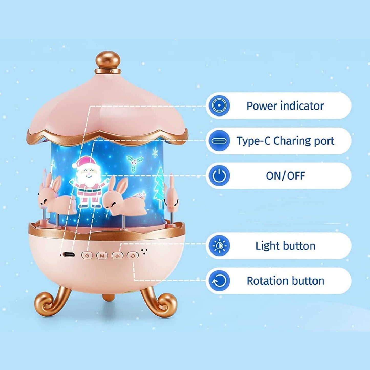Rotating Bunny Carousel LED Star Projector Lamp with Music - Rechargeable Night Light for Kids - Happy Price - Image 7